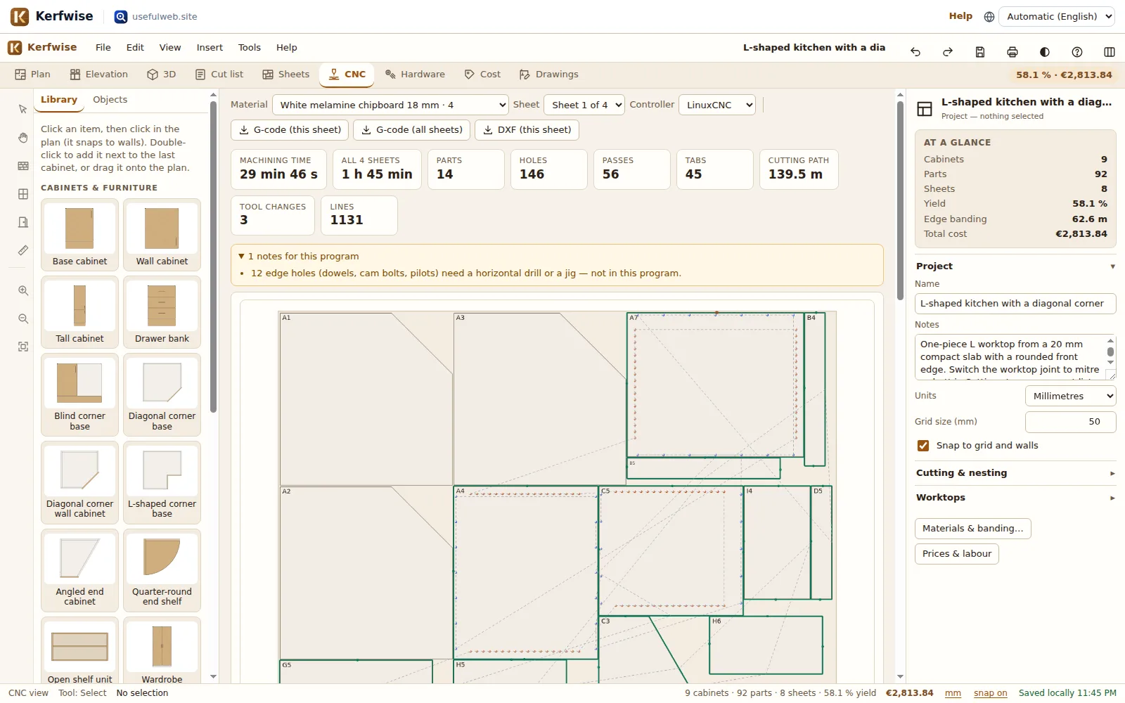 CNC view with a nested sheet, coloured toolpaths per tool, drilled holes and the program metrics