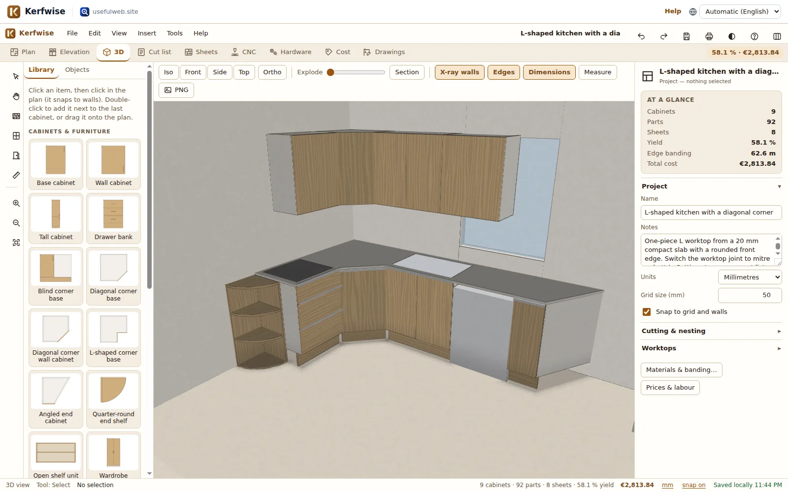 L-shaped kitchen with a diagonal corner cabinet, one-piece worktop, angled end cabinet and quarter-round shelf