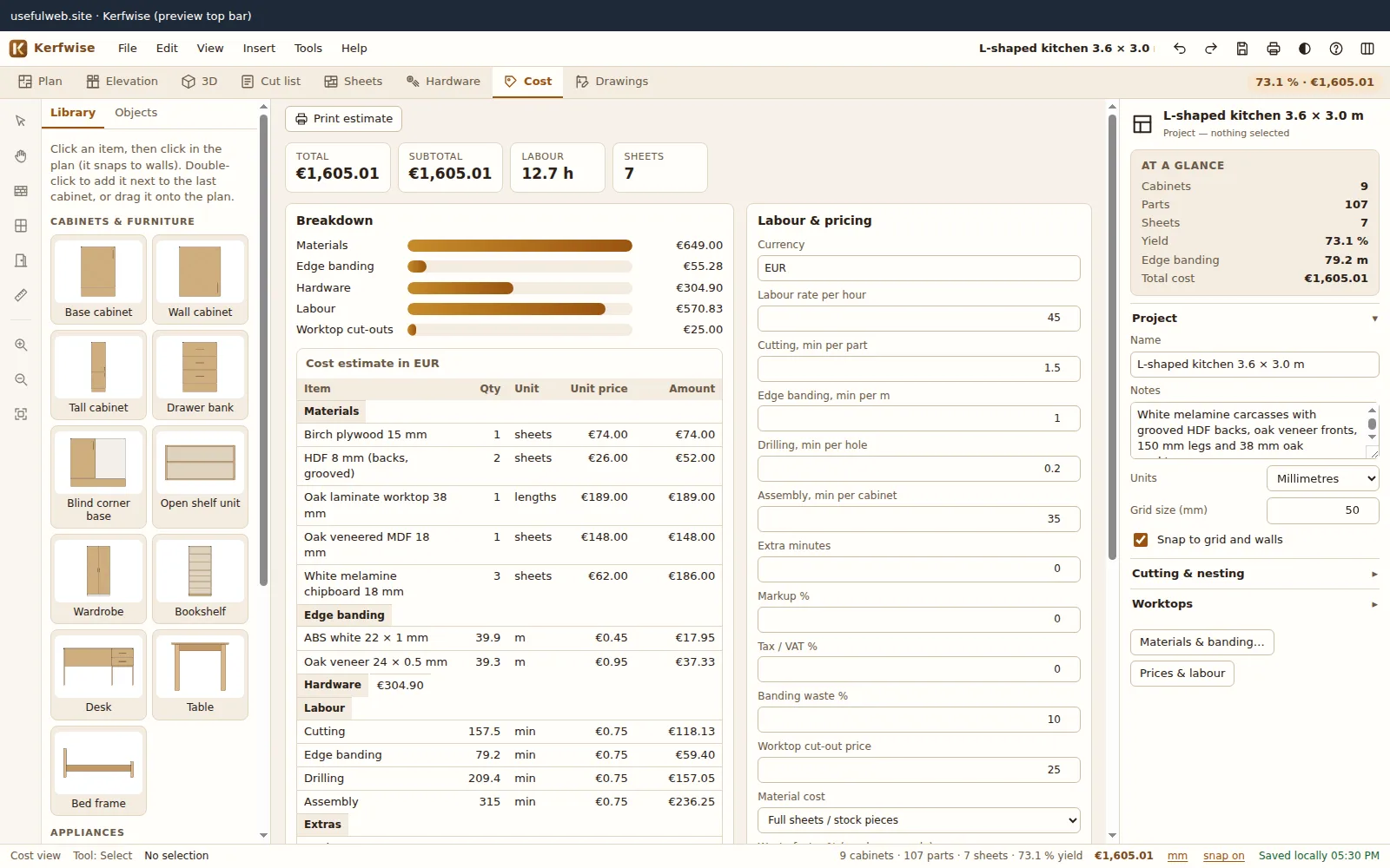 Cost estimate with breakdown bars, line items and editable labour and pricing