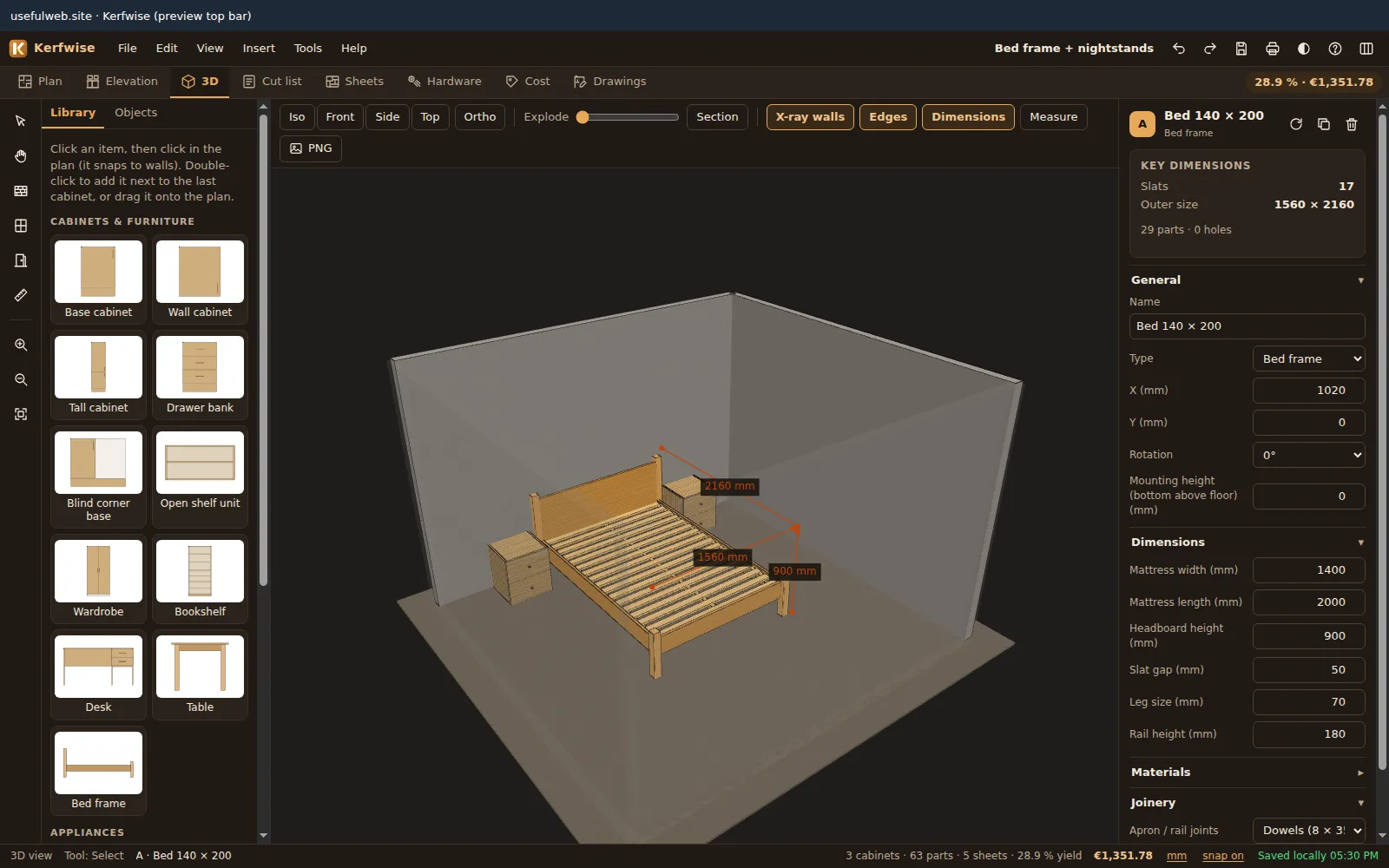 Bed frame with slats and two nightstands in the dark theme 3D view