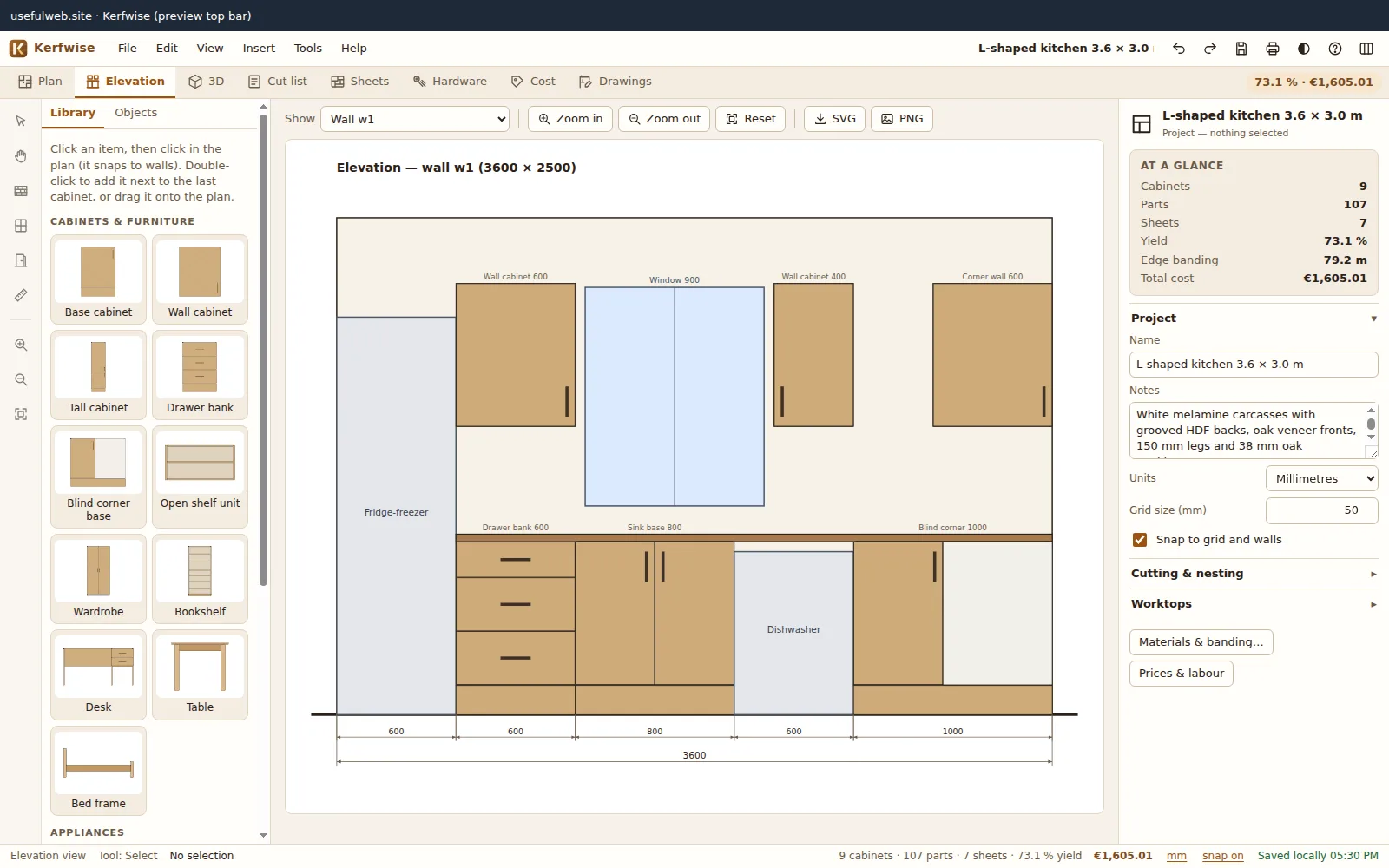 Wall elevation showing base and wall cabinets, drawers, worktop, window and dimension chain