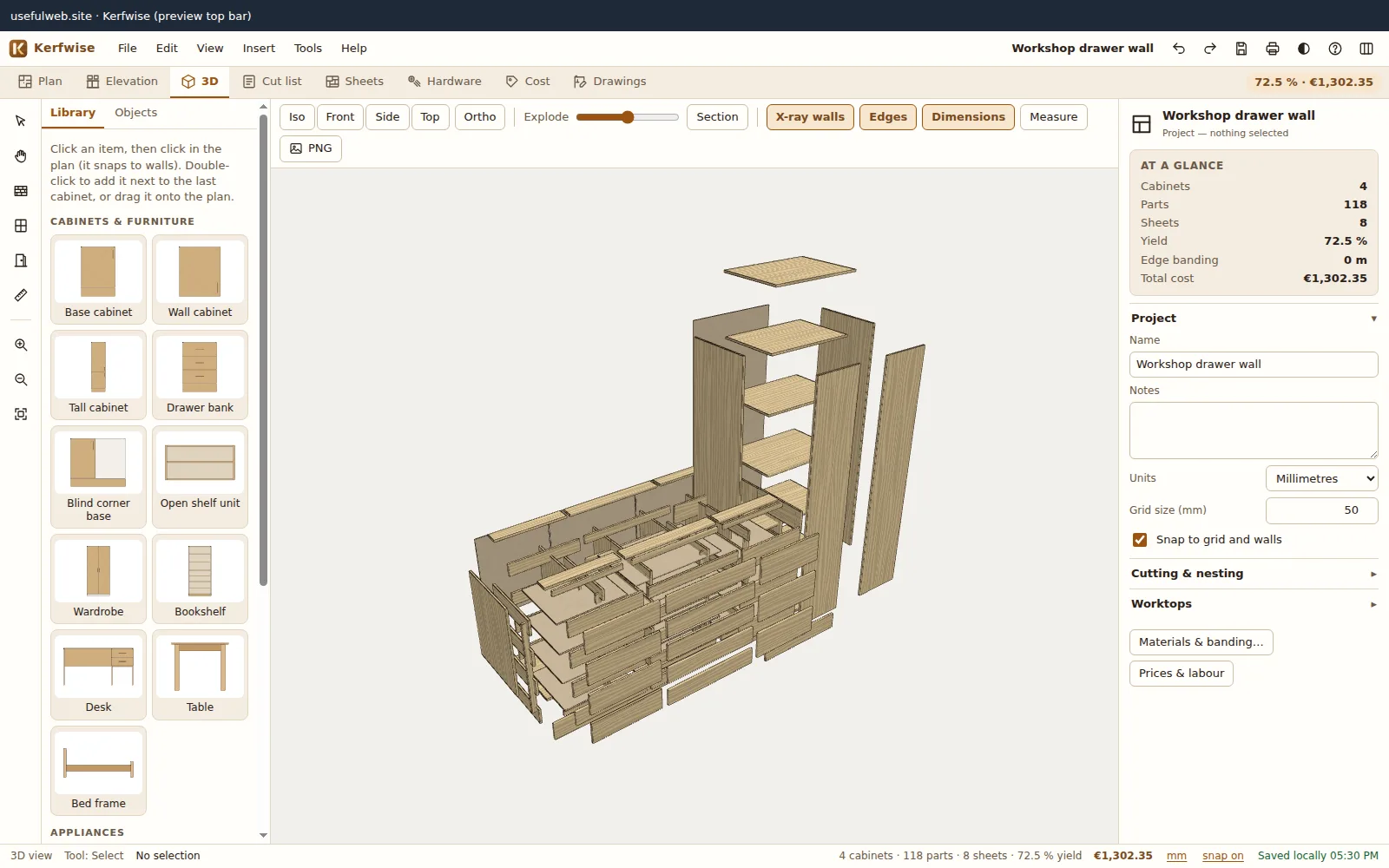 Exploded 3D view of workshop drawer banks with face frames and a tall cabinet