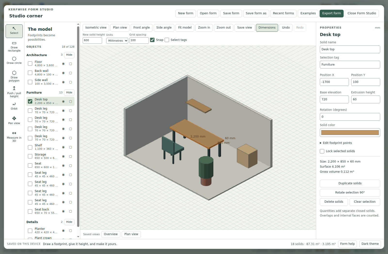 Form Studio with an original room concept, object tags and precise properties