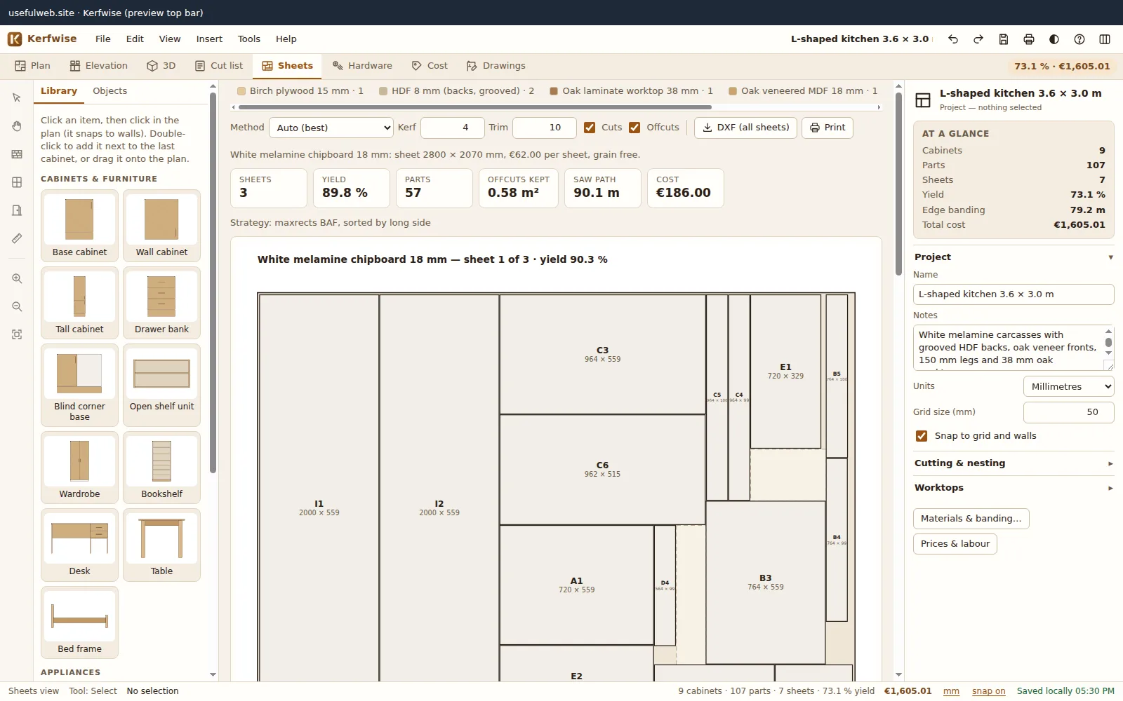 Guillotine sheet layouts for white melamine 2800 × 2070 sheets with labelled parts, offcuts and cut lines