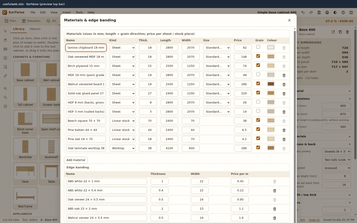 Materials dialog with sheet sizes, prices, grain and colours