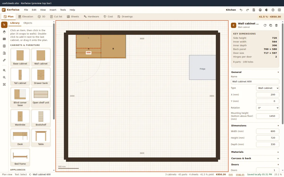 Placing cabinets that snap to the wall and to each other
